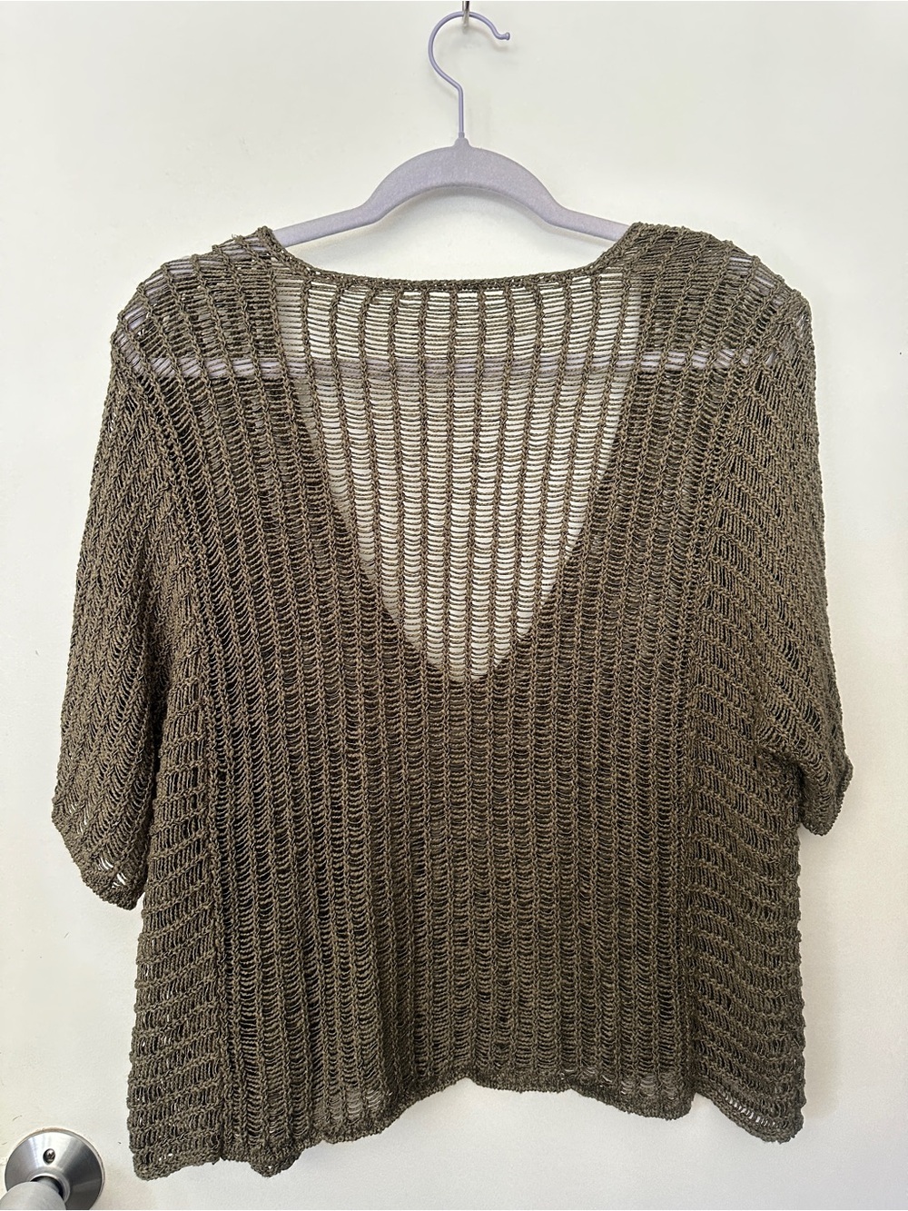 Olive Green Crochet Sweater Womens M L Open Knit V Neck Beach Cover Up - Picture 6 of 6